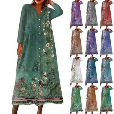 Women's Fashionable Printed Round Neck Seven Quarter Sleeve Button Loose Shirt Dress