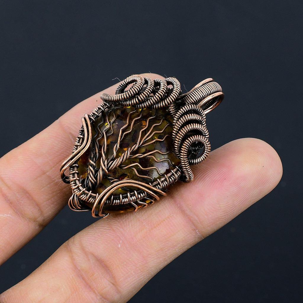 Bernsteinanhänger aus dem Baltikum, mit 999er Kupferdraht umwickeltes Edelsteinschmuckstück, handgefertigter Anhänger für den Muttertag