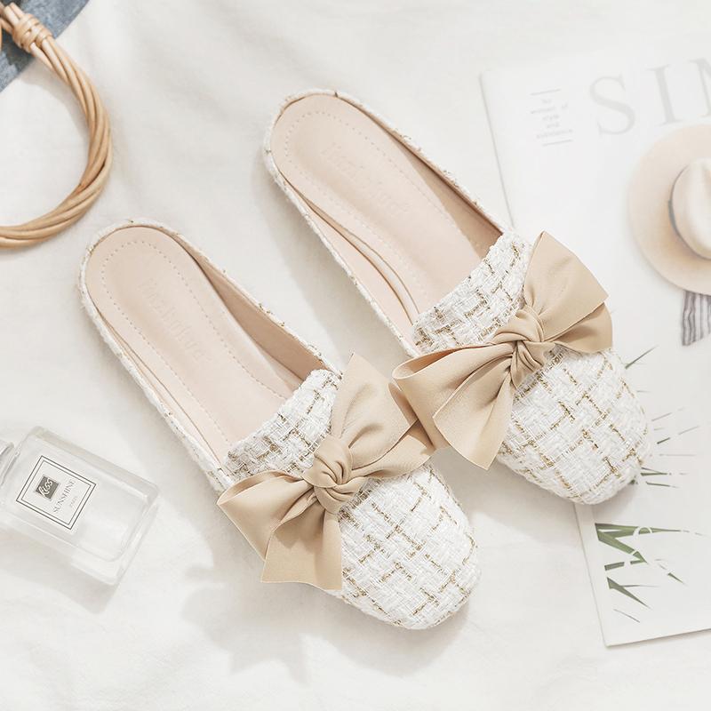 Fashion Aphixta 2025 New Summer Pearl Women Slides Ladies Shoes Flat Heel Cool Fashion Bow Fabrics Footwear Slippers Plus Big Size 43