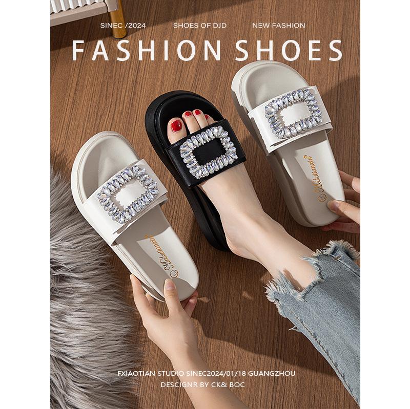 5cm thick-bottomed cool slippers fashionable rhinestone one-word muffin bottom non-slip flat bottom summer new versatile vacation style