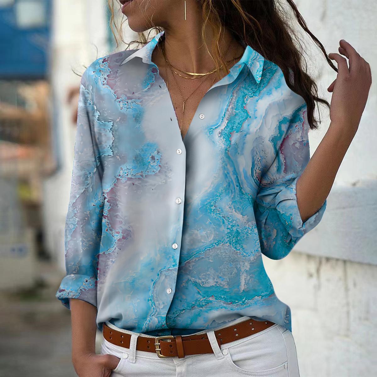 

Блузка с принтом линий для женщин, весна-осень, женская, офисная, на пуговицах, с отложным воротником, рубашки 4XL синий