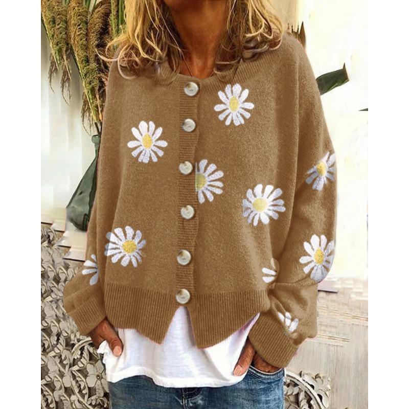 Women S Long Sleeve Knit Cardigan Floral Embroidered Loose Fit Daily Urban Wear