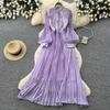Lady's Style Lantern Sleeve Sequined Lace Dress Women's Summer White Stand-up Collar Waist Pleated Long Dress High-end Dress