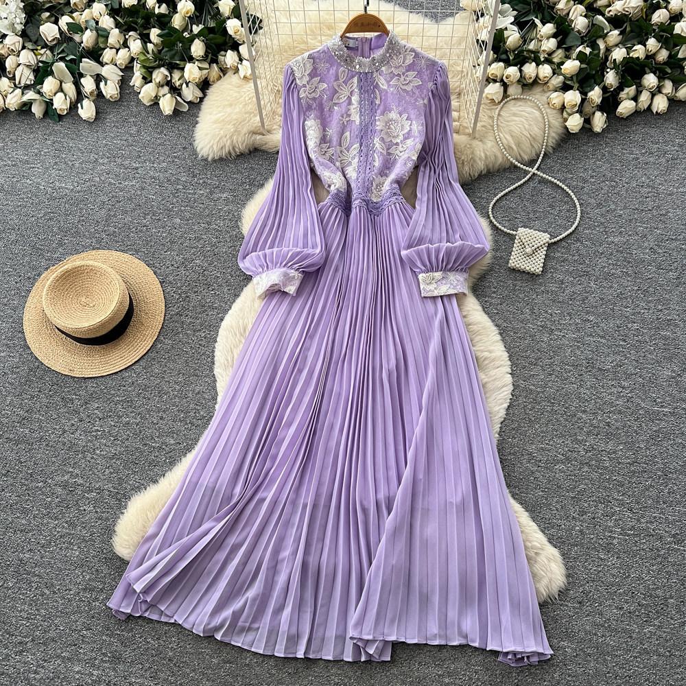 Lady's Style Lantern Sleeve Sequined Lace Dress Women's Summer White Stand-up Collar Waist Pleated Long Dress High-end Dress