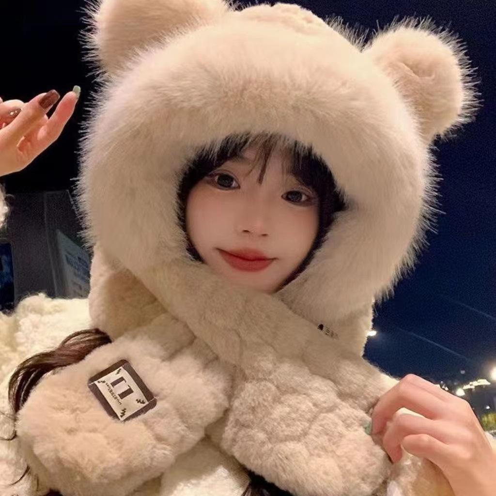 Three-dimensional rabbit ears plush hat two-piece set, ear protector, Lei Feng hat, cycling cold-proof hat, scarf integrated two-piece set