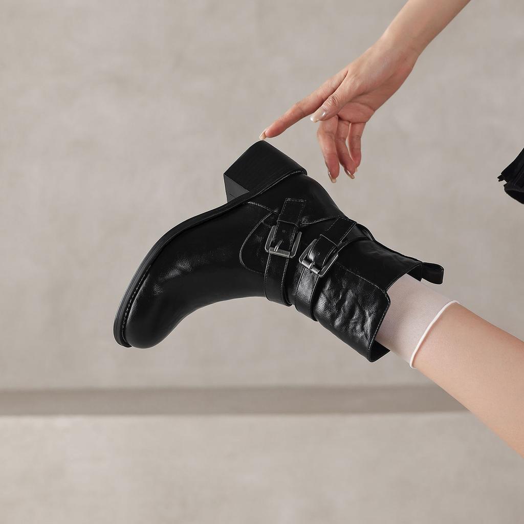 33-43 Plus Boots Coarse Heel Short Boots Women's Autumn and Winter Belt Buckle Martin Boots Boots
