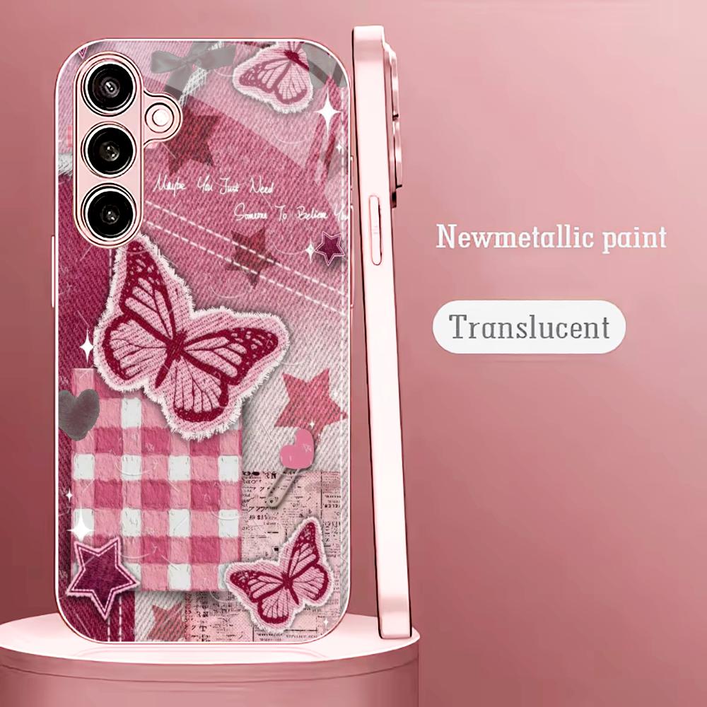 Star and Butterfly Pattern Madam Pink Glass PhoneCase for Samsung Galaxy S26 S25 S24 S23 S22 S21 FE Ultra Plus Dropresistant