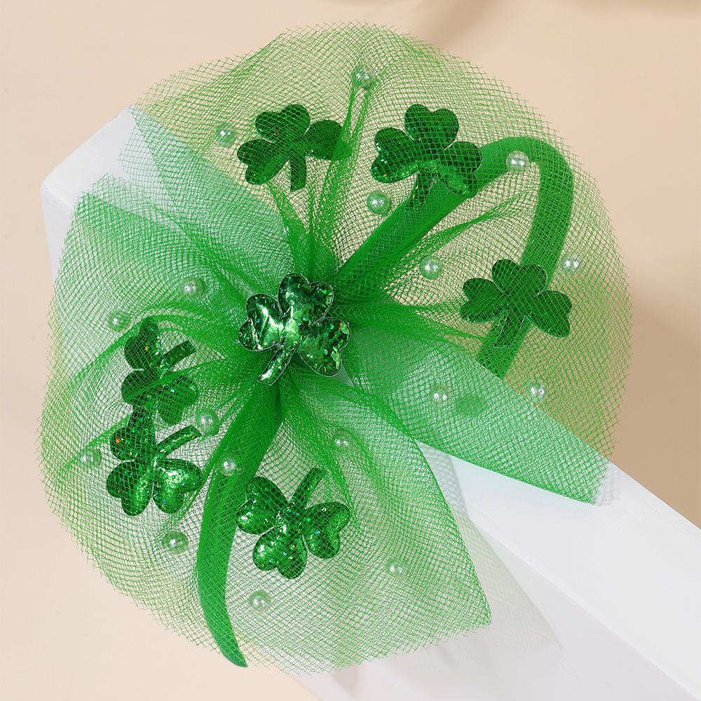 Cloverleaf Tull Hairband For Girls Pearls Mesh Hair Hoops Large Fresh Green Bow Hair Bands Easter Headwear Hair Accessories
