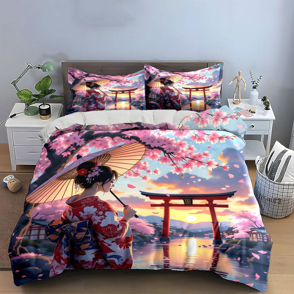 Cherry Blossom Geisha Design Bedding Duvet Cover Set (1*Duvet Cover 2*Pillowcases, without duvet insert)