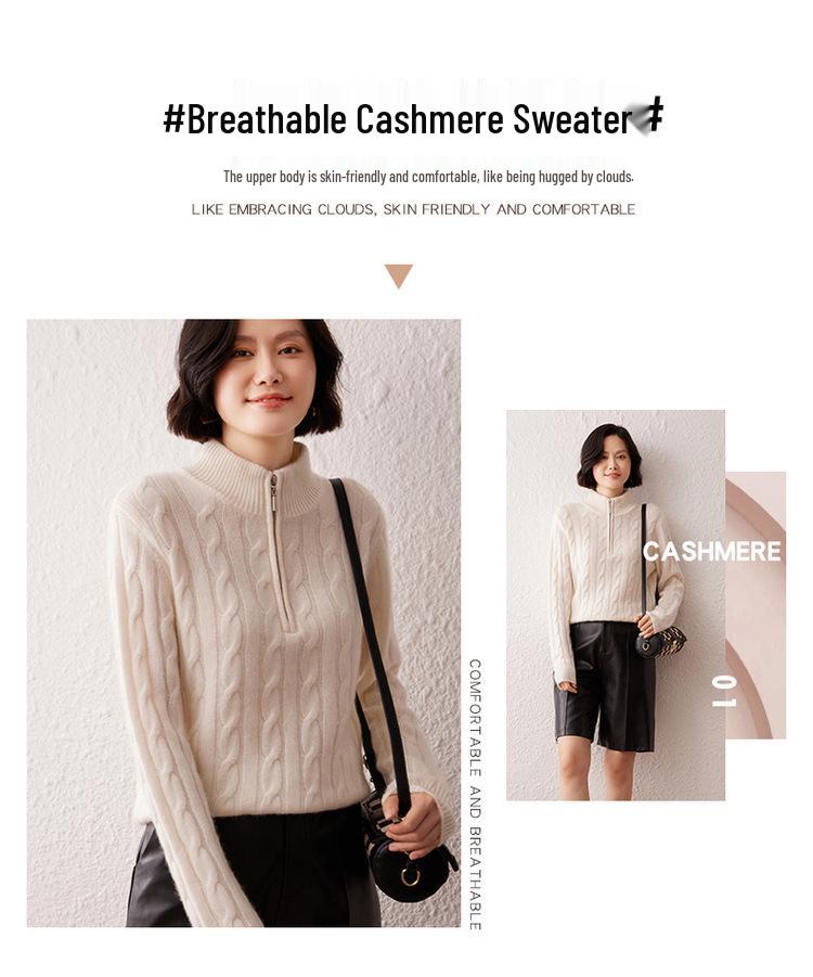 Women's Thickened Cashmere Stand Collar Cable Knit Zipper Sweater - Soft, Warm, Autumn/Winter Casual Wear
