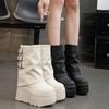 Thick Sole Women's Platform Shoes Buckle Straps Street Style White Black High Heel Mid-Calf Boots Slip On Size 35-40 Botas Mujer