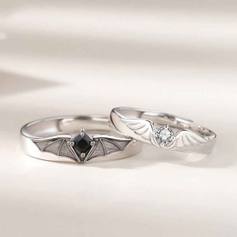 2 Pieces Matching Rings for Couple Best Friend Adjustable Promise Rings Demon & Angel Wing Open Ring Valentines Gifts