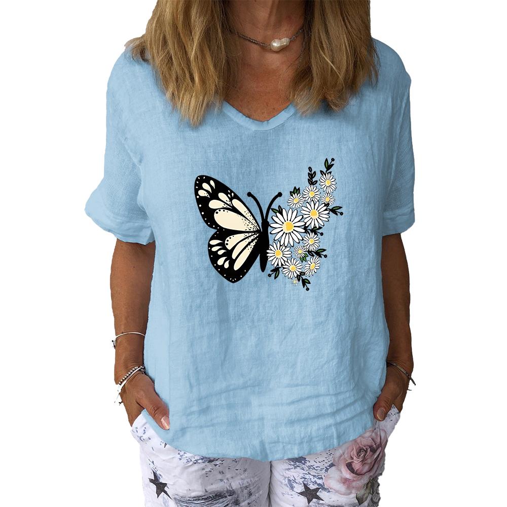 Women Fashion V Collar Short Sleeve Top Summer Casual Cotton Linen Shirt Ladies Print T-shirt