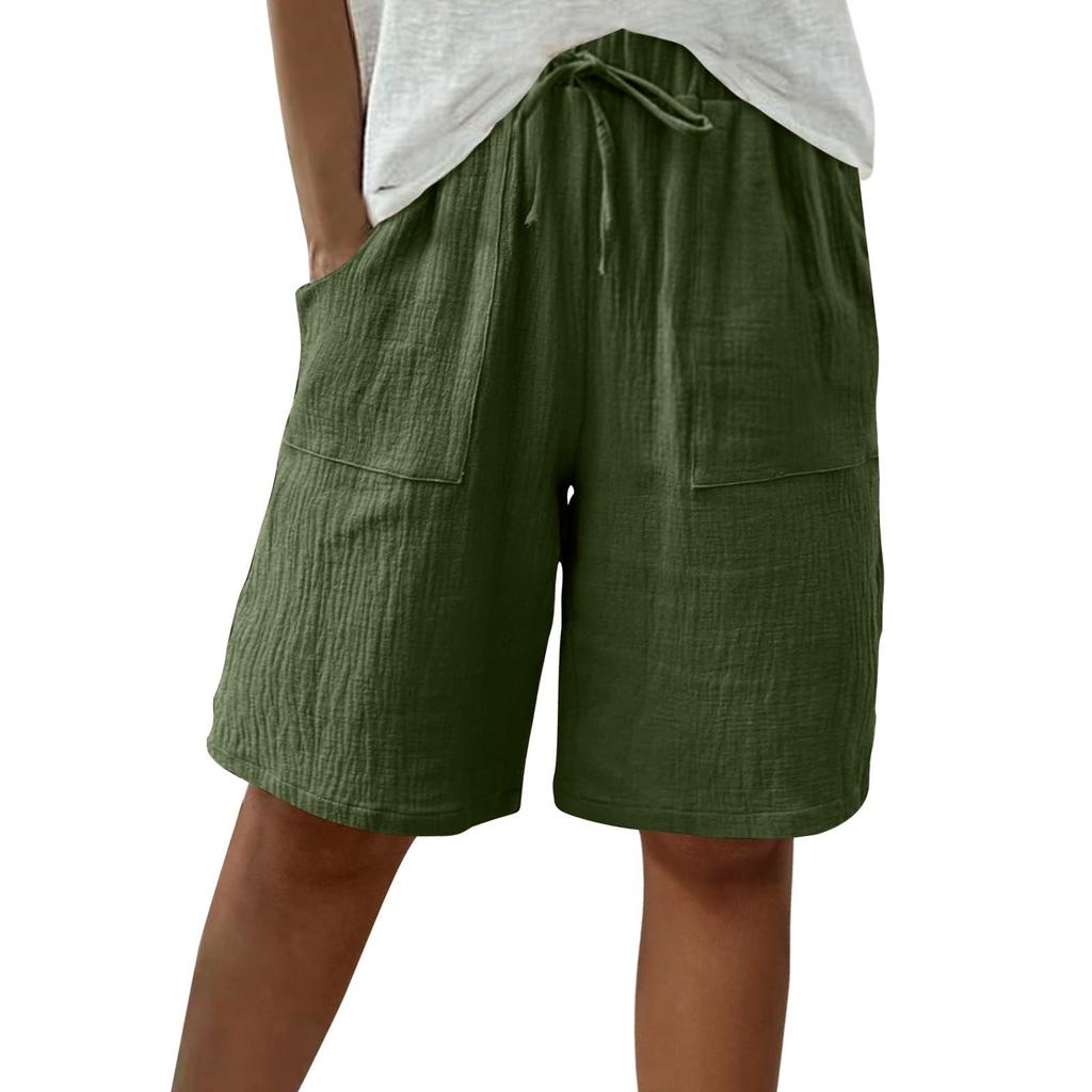Women's Fashion Cotton-Linen Blend Pocket Elastic Waist Loose-Fit Casual Cropped Pants