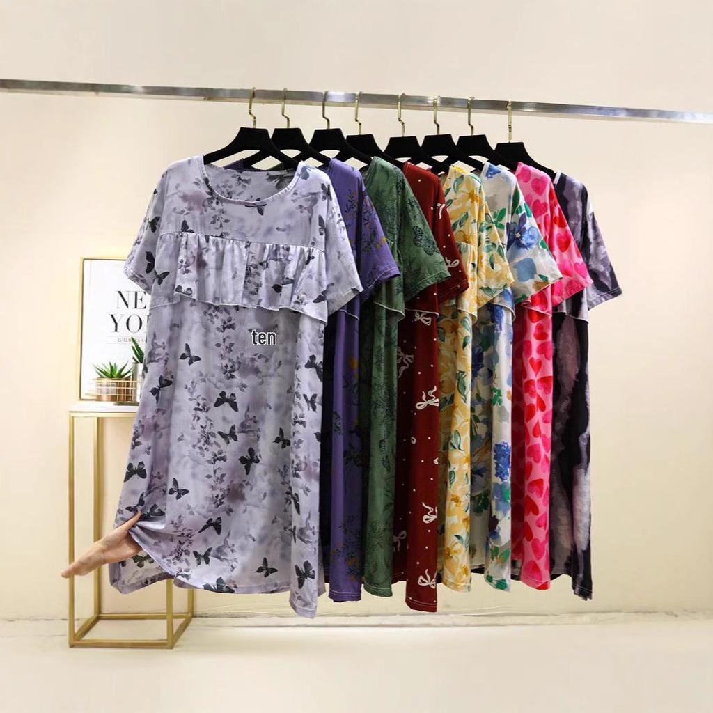 2025 Summer Floral Cotton and Silk Midi Dress - Short Sleeve, Loose Fit Nightgown