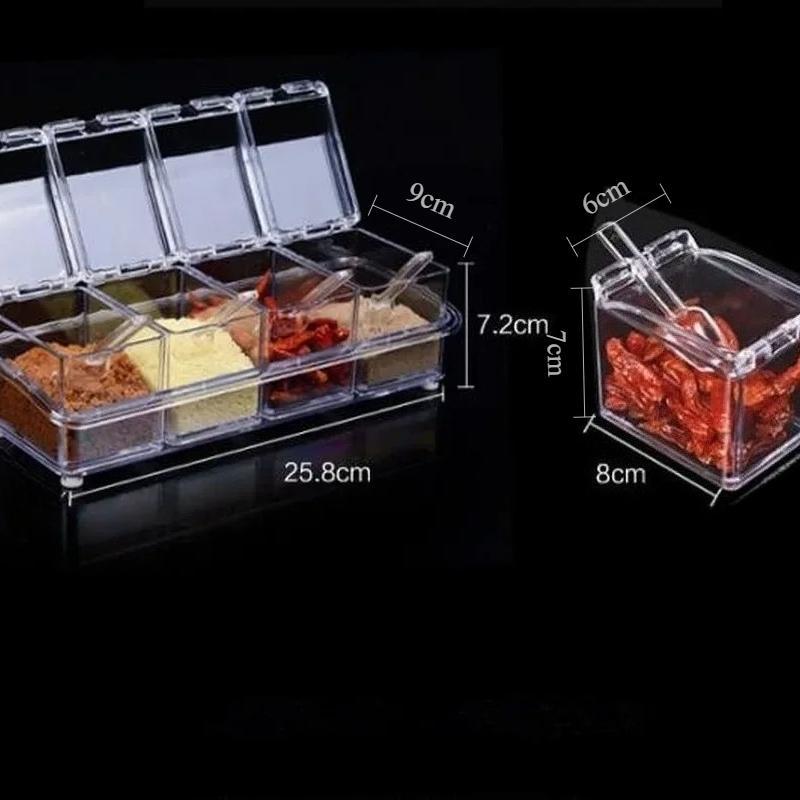 4pcs/lot Clear Spice Container Set, Transparent Seasoning Box with Lids & Spoons, Kitchen Organizer