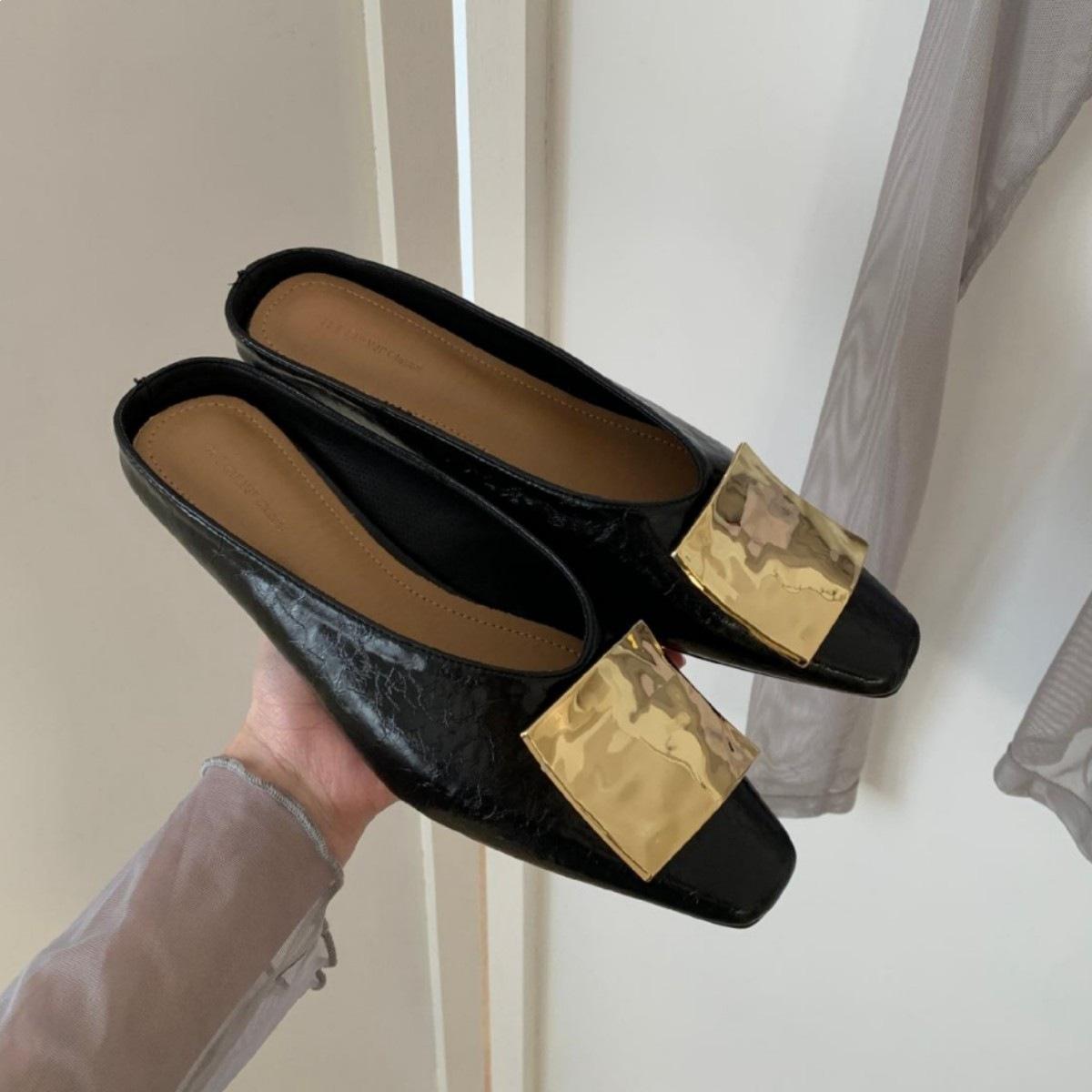 

Milk Square Buckle High-End Square Head Half Slippers Women S Retro One-Pedal Flat-Bottomed Bag Head Sandals Women S Inner Increase 35