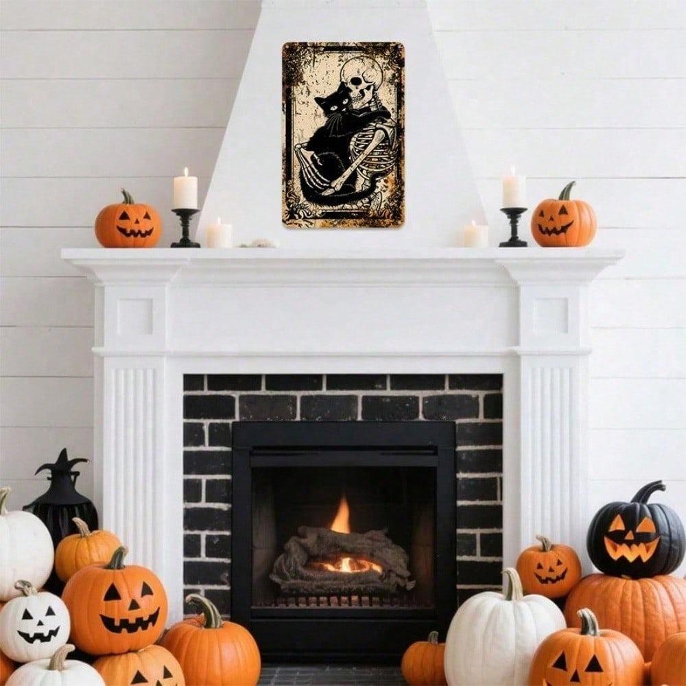 Vintage Metal Tin Sign, Skeleton Hugging Black Cat Gothic Retro Spooky Wall Plaque, 8x12 Inch Durable Iron Halloween Decor