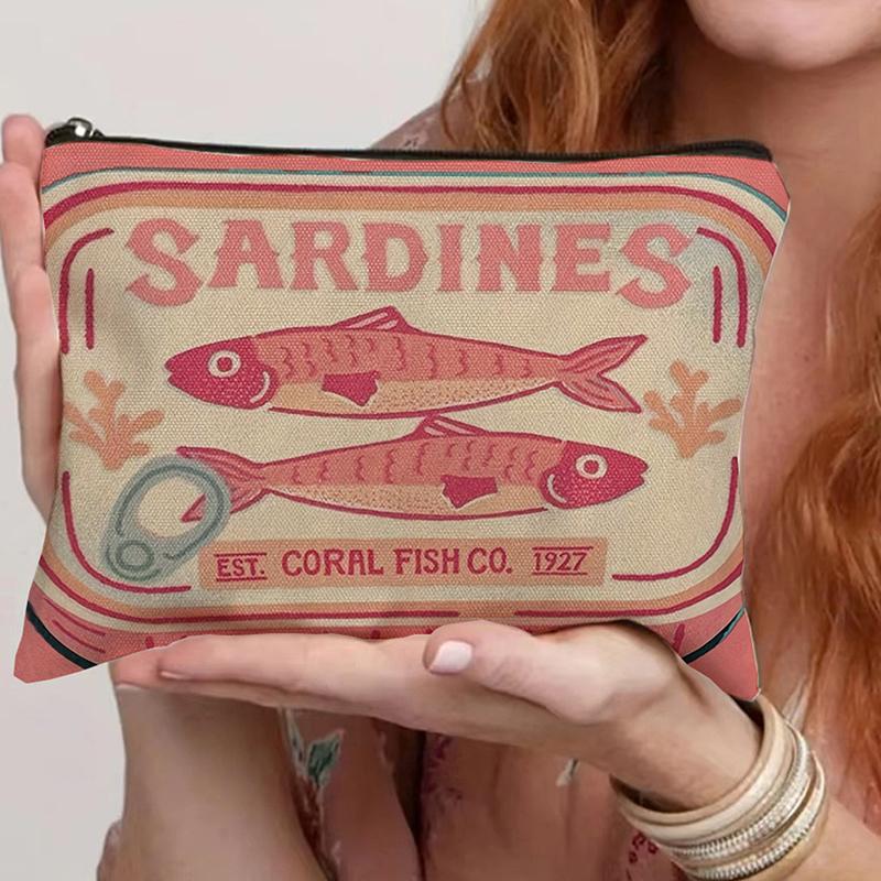 Vintage Canvas Cosmetic Bag Simple Large Capacity Makeup Bag Female Travel Clutch Toiletry Bag Retro Sardines Olive Oil Design