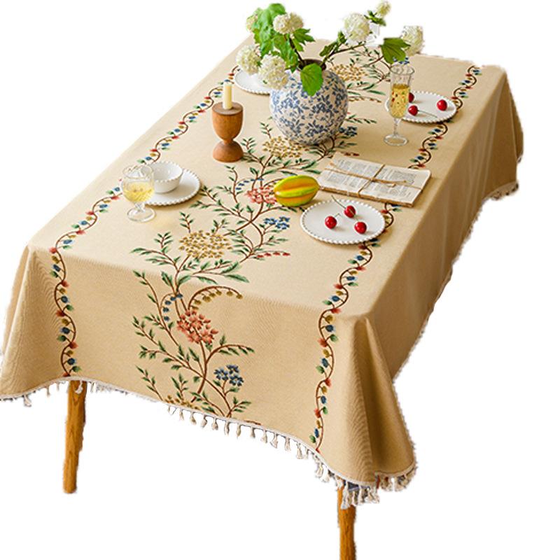 Cotton And Linen Tablecloth Light Luxury High Sense Apricot Green Branch Embroidery French Retro Rectangular Tablecloth Dining Table Round Table