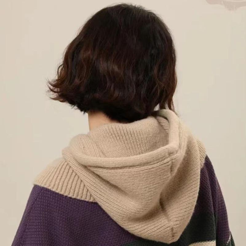Winter Knitted Hooded Scarf Hat Women Warm Ear Protection Cap Outdoor Cycling Cold-Proof Integrated Neck Warmer Fashion Hat
