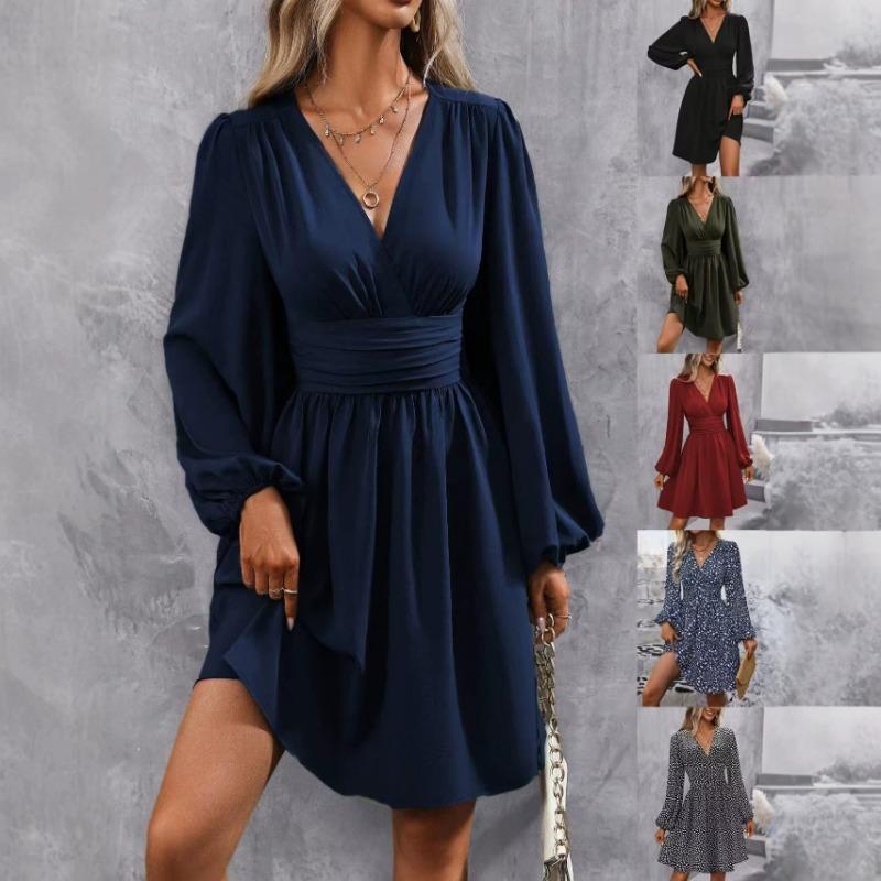 Women S V Neck Lantern Sleeve Solid Color High Waist Dress
