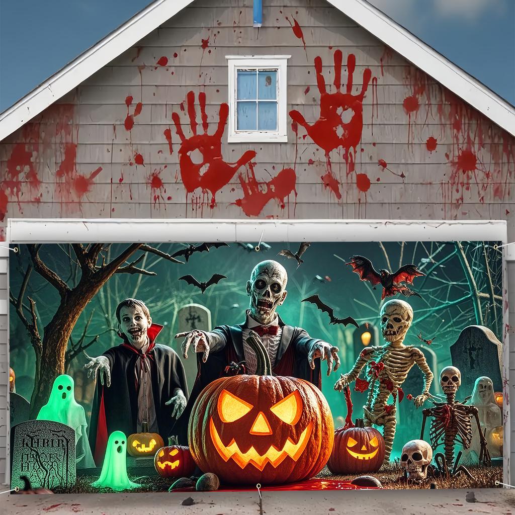 1pc Terrifying Halloween Garage Banner - 157x71 Inches, 2D Designzyc