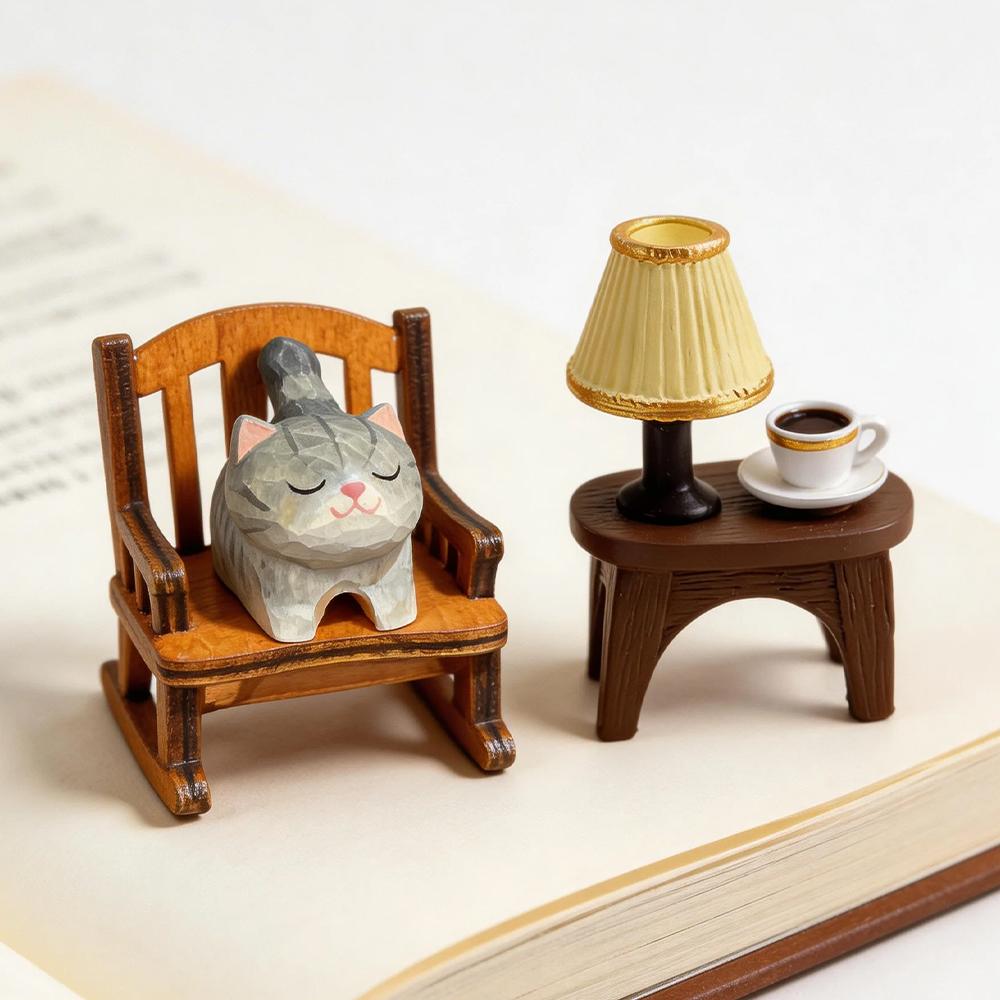 Cute Cat Animals Figurine Decorative Wooden Ornament Miniature Kitten Coffee Home Bedroom Office Desk Decoration Gift Statue