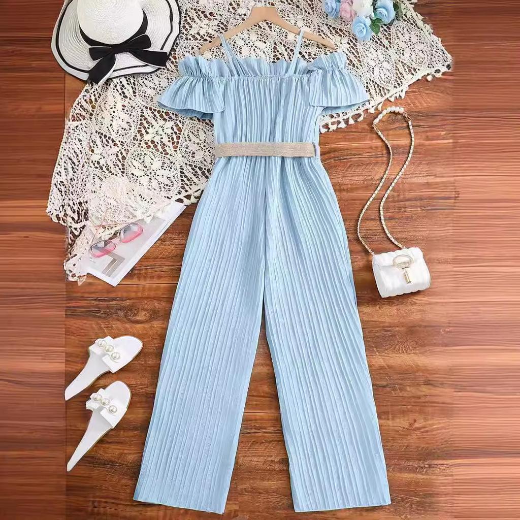 Sweet Rompers for Girls Summer Kids Fashion Suspender One-line Shoulder Patchwork Lace Waist Rompers