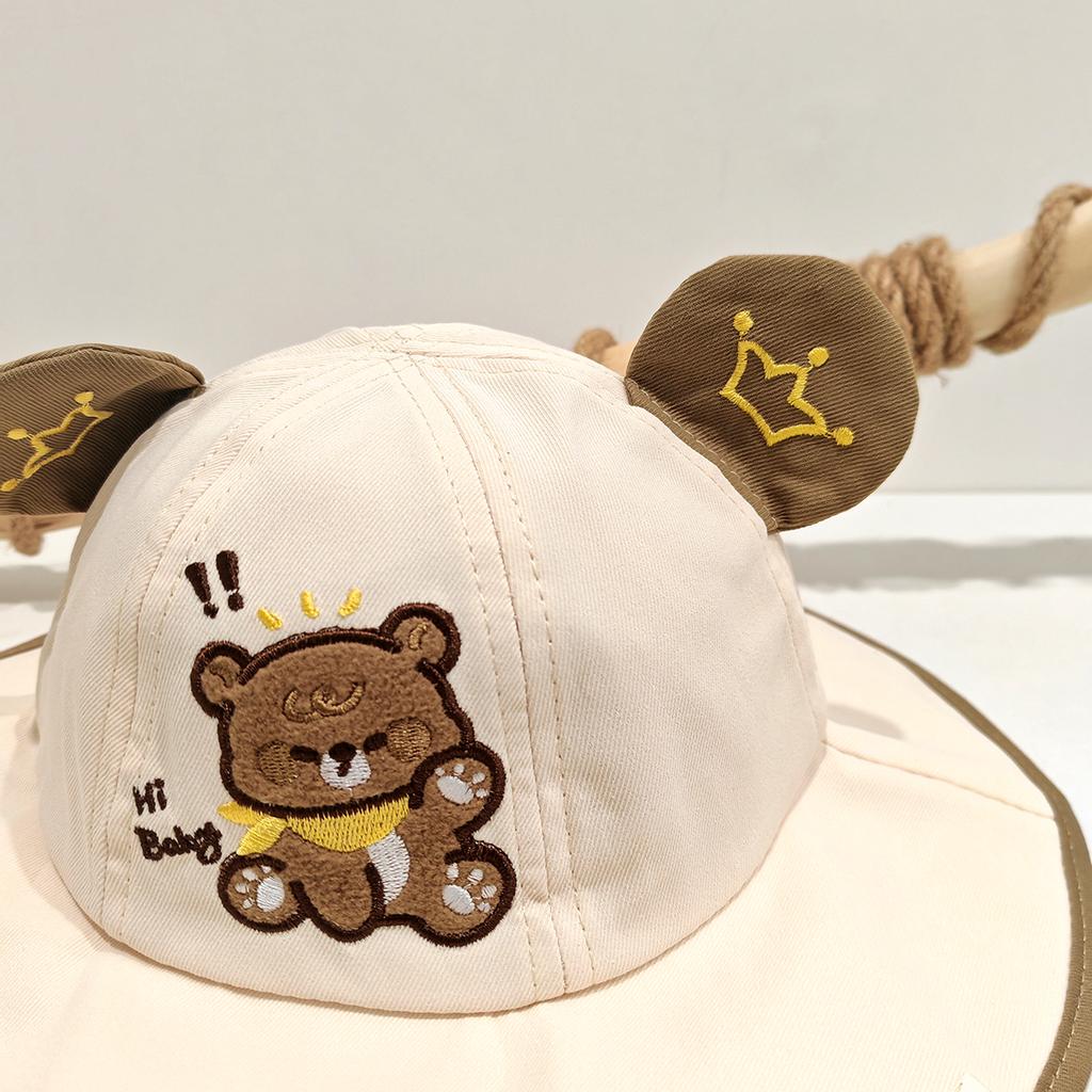Children's 3D Teddy Bear with Embroidered Ears Hi Baby Crown with Embroidered Details Fisherman Hat with Wide Brim Casual