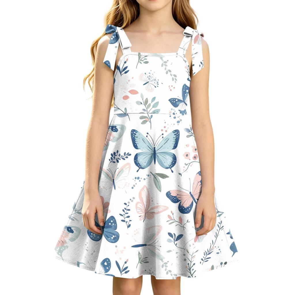 Girls Floral Print Sleeveless Strap Dress for Summer Casual Wear