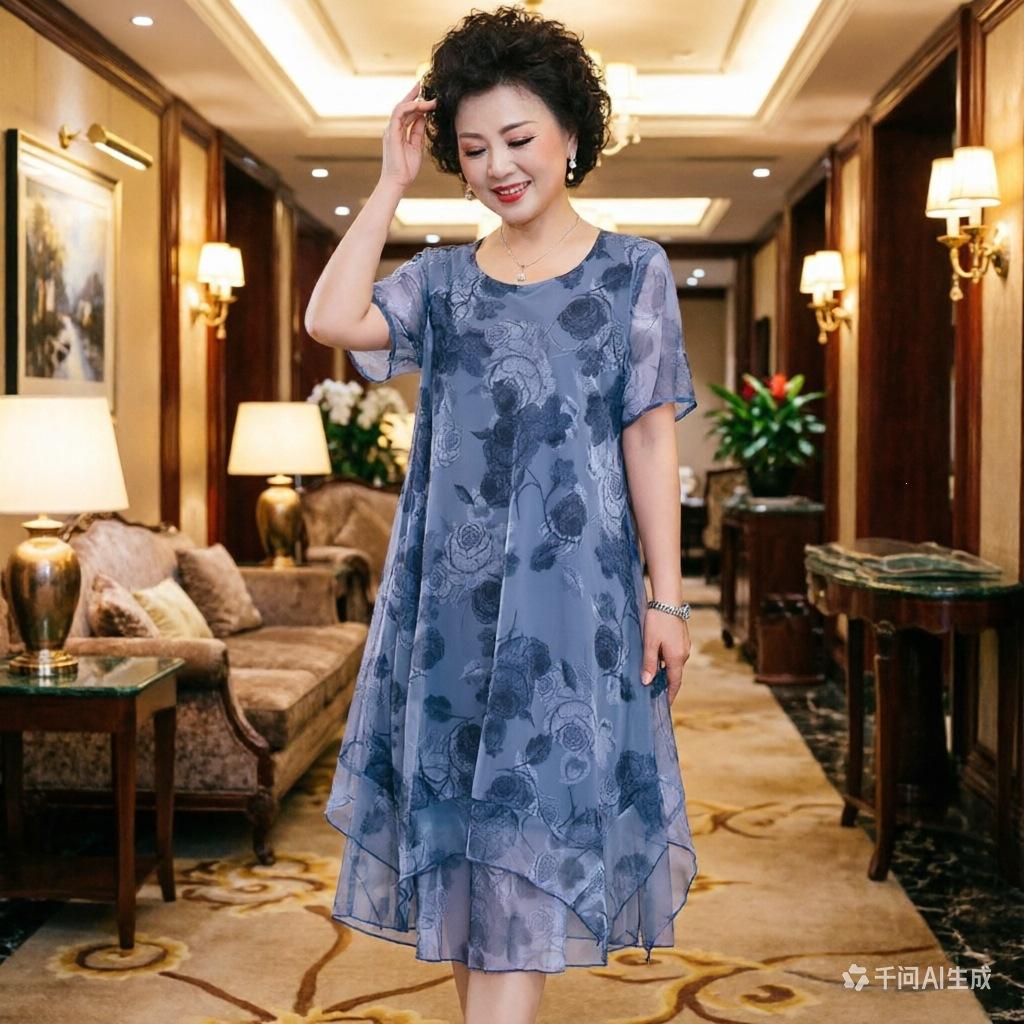 Fattened plus size short-sleeved fat man dress fat mm women's clothing loose and thin foreign mother clothing mesh floral skirt