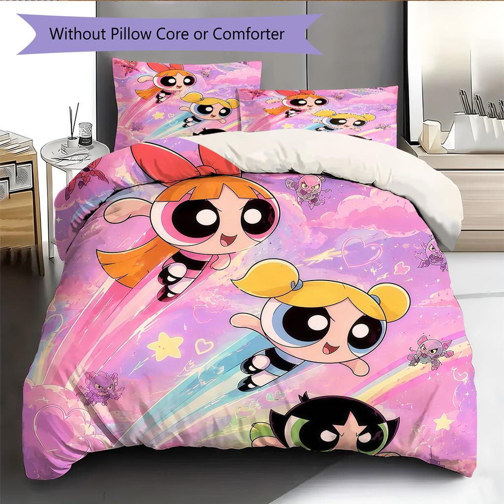 Σετ Κουβέρτας Κρεβατοκάμαρας με Σχέδιο Powerpuff Girls Διακόσμηση Σπιτιού Δώρο (1 * παπλωματοθήκη + 2 * μαξιλαροθήκη χωρίς πυρήνα)