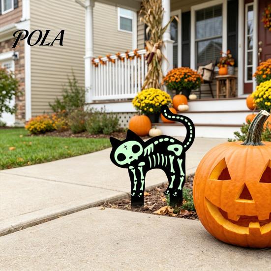Luminous Outdoor Halloween Decorations Skeleton Cat Garden Stake, Glow in The Dark Ornament, Spooky Black Lawn Decor Acrylic Yard Art Stake