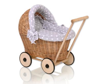 Wicker Doll Stroller with Gray Bedding and Soft Lining - Natural