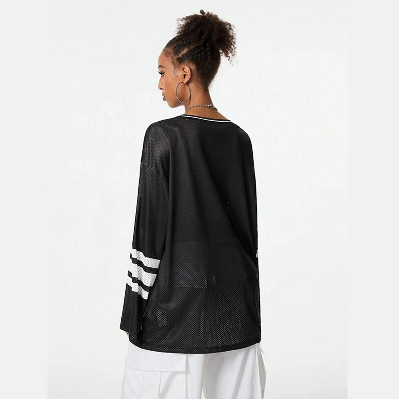 Y2K Printed Loose Long Sleeved Women's T-shirt V-neck Casual Sports Style Top