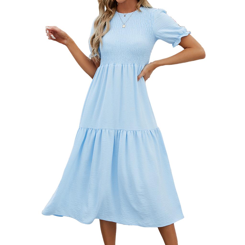 Summer Women's Dress Solid Color Round Neck Patchwork Short Sleeve Dress
