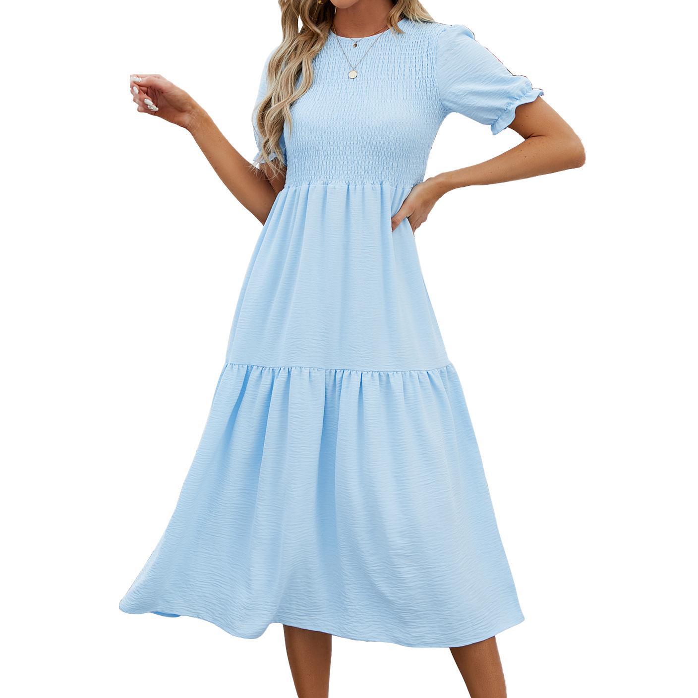 

Летнее женское платье, однотонное лоскутное платье с круглым вырезом и короткими рукавами S небесно-голубой