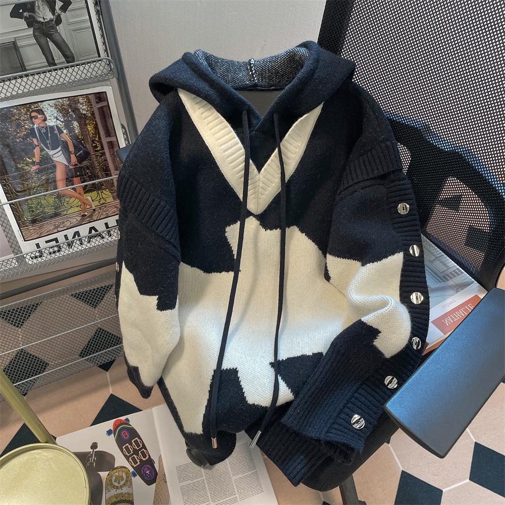 Unisex American-Style Color-Block Hooded Knit Sweater S чёрный