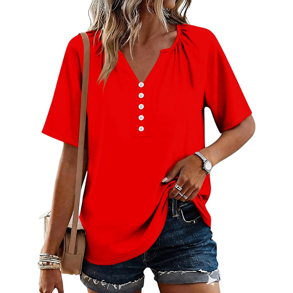 Modisches Lässiges Damen Oberteil mit Knopfleiste und V-Ausschnitt, kurzärmlig