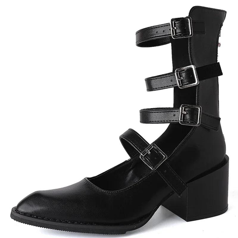 Stivali alla Caviglia da Donna alla Moda con Punta, Cerniere Posteriori alla Moda, Fibbia in Metallo, Stivaletti Corti, Scarpe da Donna in Stile Retrò