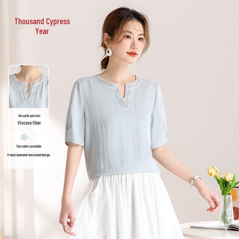 Женский элегантный топ с коротким рукавом Qianbainian из смесовой льняной ткани XL