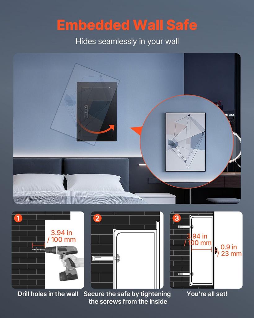 Wall Safe, 3-Tier Hidden Wall Safe with Fingerprint, Password, Key & Turning Knob, Q235 Cold-Rolled Steel In-Wall Box with Adjustable Shelves & Key