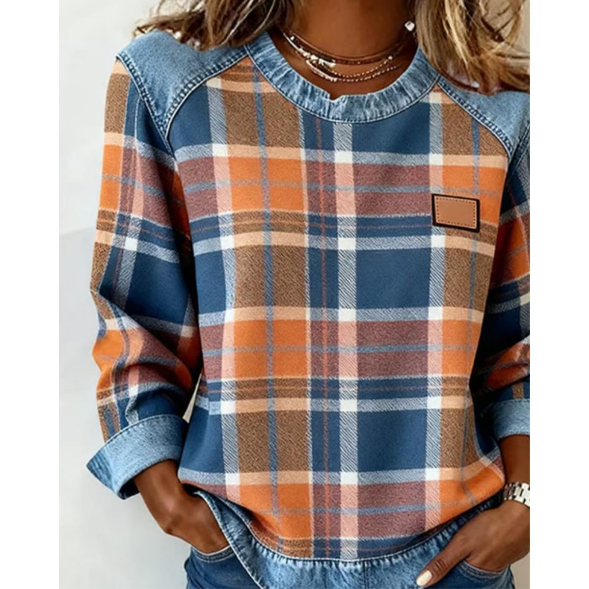 New Plaid Patchwork Denim Crew Neck Loose Women s Sweatshirt S