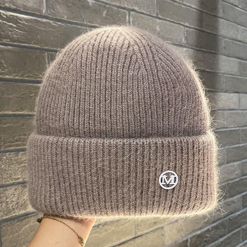 Knit Beanie Hat Rabbit Hair Blend Metal Letter M Label Warm Ear Protection Winter Autumn Trendy Skullcap Women