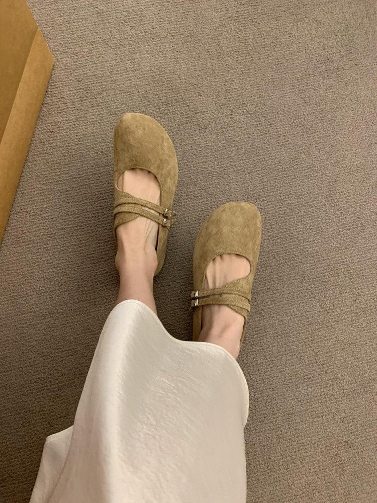 Literary style frosted leather Mary Jane shoes one-word buckle with shallow mouth round head flat-bottomed ballet shoes