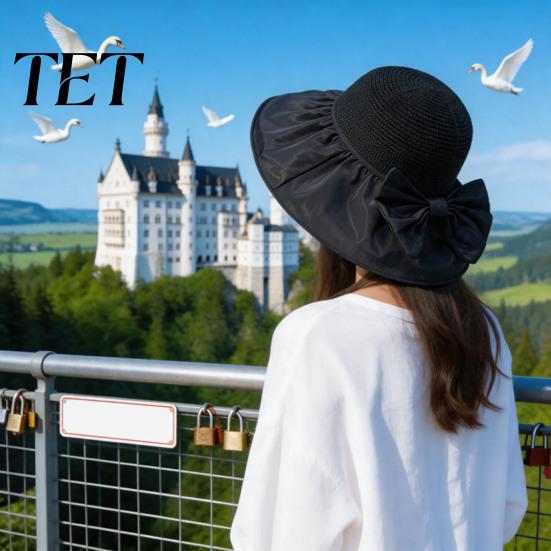 Travel Vacation Accessories for Women Woven Sun Hat, Wide Brim Beach Floppy Hat UV Protection with Bow, Breathable Summer Camping Fashionable Bow