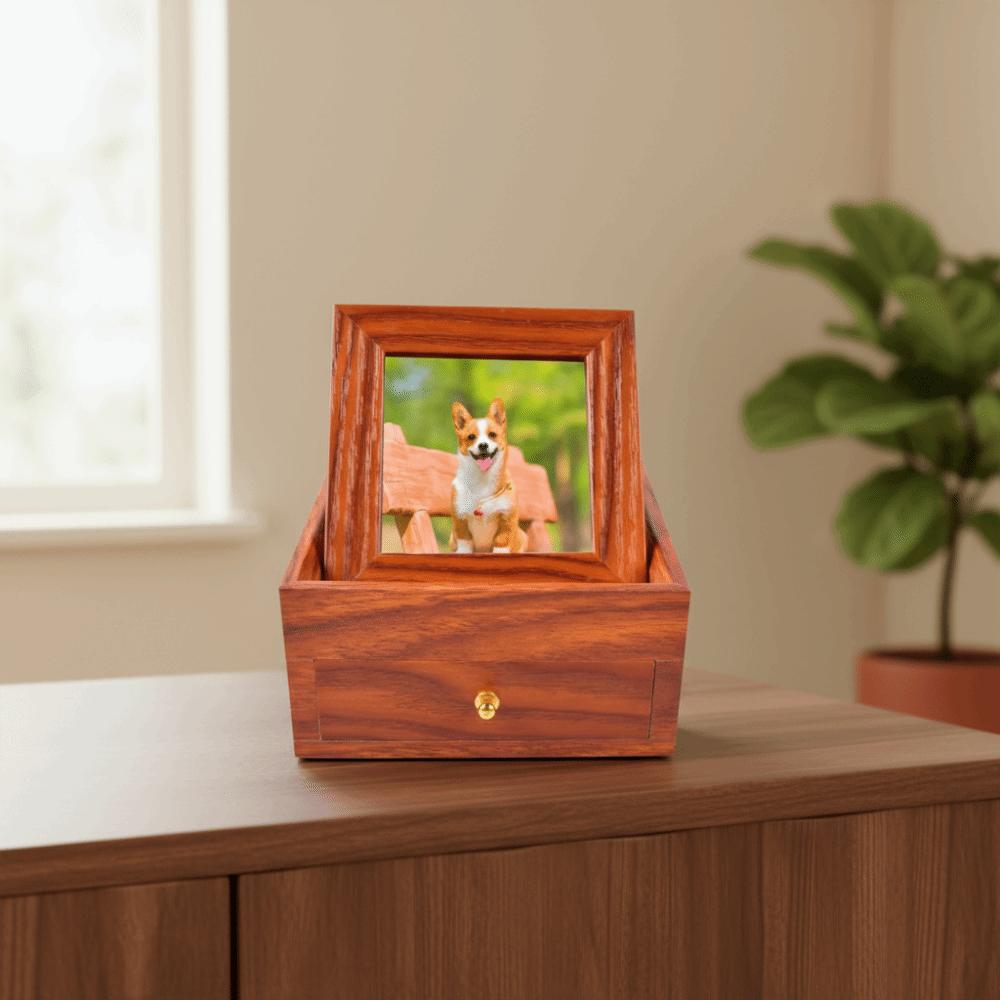 Wooden Pet Ashes Storage Box with Photo Frame Square Dog Ashes Container Dustproof with Drawers Pet Commemorative Urn