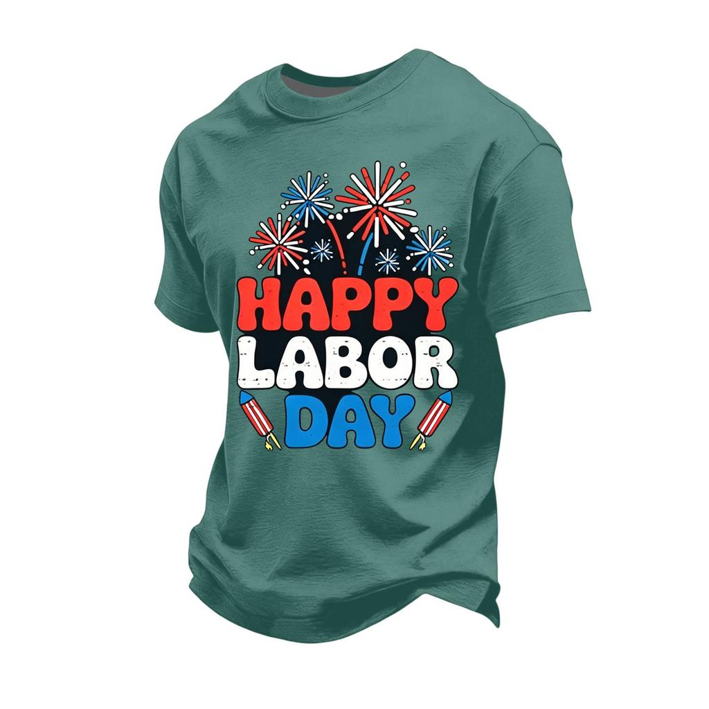 Men's Loose Fit Casual Short Sleeve T Shirt Labor Day Graphic Print Crew Neck Cotton Blend Top for Everyday Wear