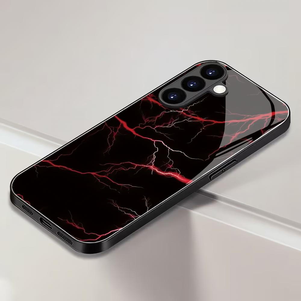 Rote Blitzmuster Glas Handyhülle geeignet für Samsung Galaxy S26 S25 S24 S23 S22 S20 FE/Ultra/Plus5G Anti-Drop Rückabdeckung